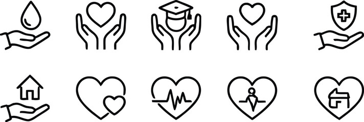 Fototapeta premium Line icons of hands holding hearts, education, and health symbols