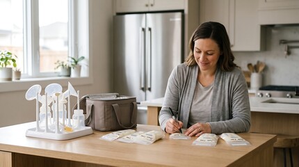 Fototapeta premium A woman sits at a kitchen island, diligently labeling breast milk storage bags with a pen, surrounded by pumping equipment and a cooler.
