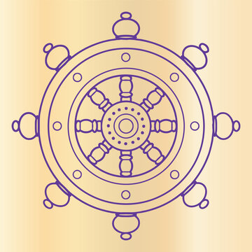 Purple outline illustration of a traditional buddhist dharmachakra dharma wheel symbol