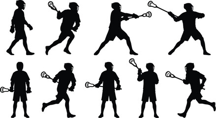 Lacrosse player silhouette collection with athletes holding sticks running and shooting isolated on white background © MdOsiar