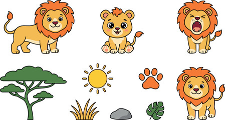 Cute cartoon lion and cub character vector illustration set with various safari animal poses roaring sitting and savanna landscape design elements © MdMehedi