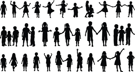 Large collection of children silhouettes featuring boys and girls playing holding hands standing waving and dancing isolated on white background © MdOsiar