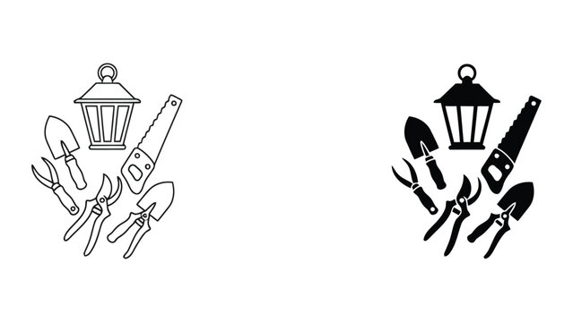 Gardening tools set with lantern and pruning shears vector graphics