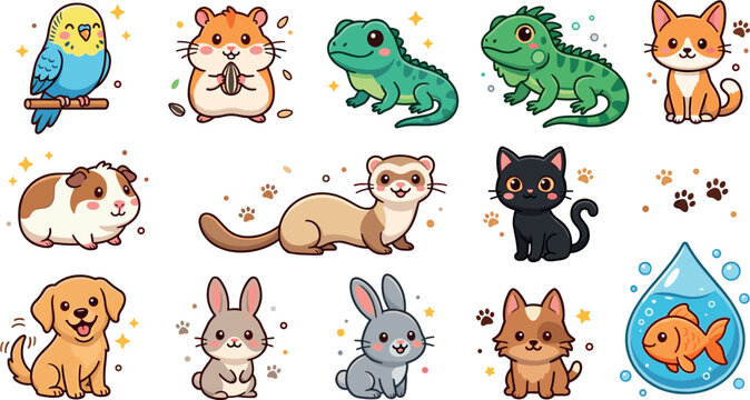 Cute cartoon domestic pets and popular house animals vector illustration set featuring dog cat rabbit hamster bird lizard fish design elements