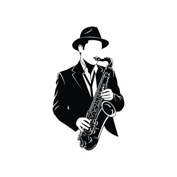 Man in fedora playing saxophone with sharp suit during classic jazz performance concept