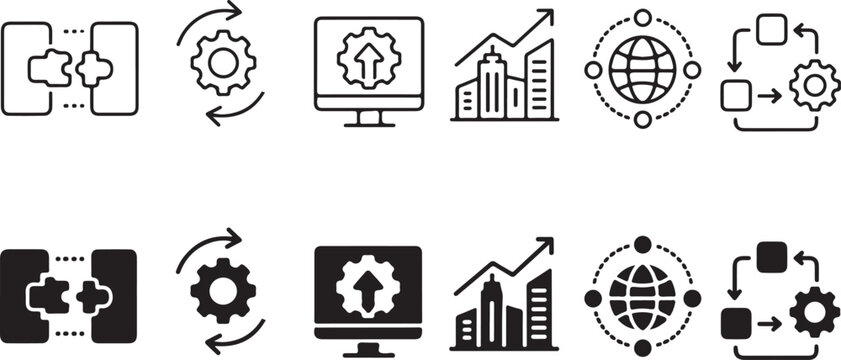 Set of Business and Technology Icons Featuring Process Optimization and Data Analysis in Minimal Style