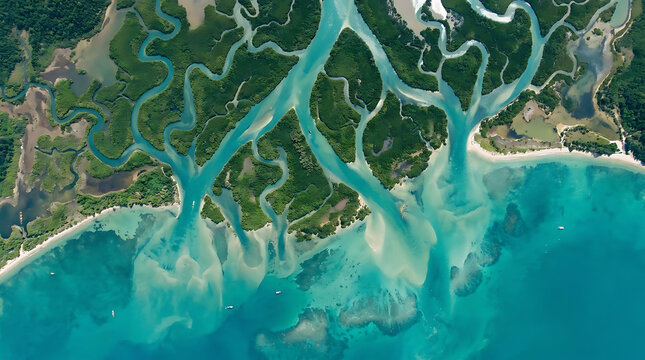 Aerial view of river delta coastline with turquoise water and greenery