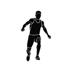 Obraz premium Male athlete in silhouette running forward with determined motion against a clean white backdrop