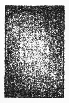scan of a distressed ink pad impression on rough paper, isolated as a transparent PNG asset. Featuring dense grain, worn ink coverage, speckled texture, and authentic printing imperfections.