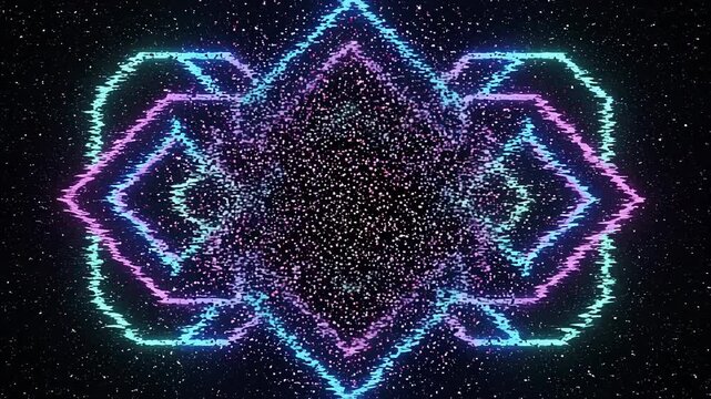 Abstract geometric neon shapes with glitch effect and particles in dark space