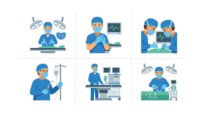 Fototapeta premium Surgical Team Performing Operation, Medical Equipment, Healthcare Vector Illustrations Set