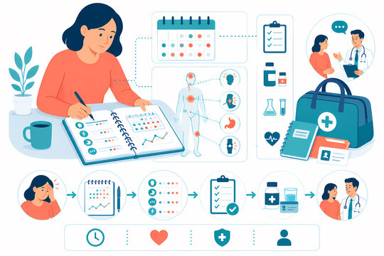 Patient symptoms diary doctor visit preparation illustration
