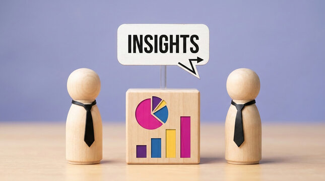 Wooden figures flank a block with data visualization and a speech bubble stating "INSIGHTS," symbolizing business analysis and communication