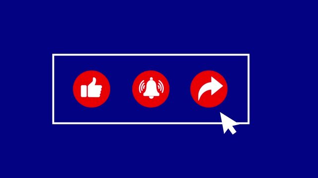The animated reveal of the like, share, and bell notification buttons. Isolated on a green background. like comment subscribes and share animation. YouTube Subscribe, 4k video animation. Mouse cursor 