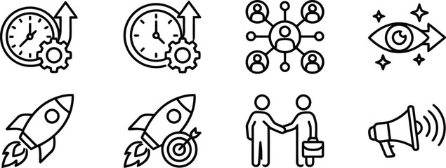 Fototapeta premium Business icons set with clock, rocket, network and megaphone