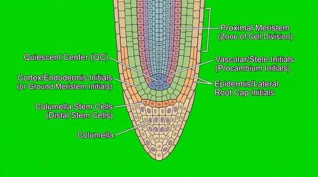 Scientific diagram of a plant root apical meristem with quiescent center