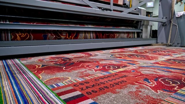 A patterned carpet moves through an industrial weaving machine inside a textile factory. This video frame shows carpet production, automated weaving, quality control, and a modern textile process.