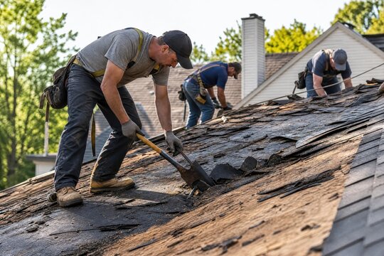 Roofers Removing Old Damaged Shingles from House Roof
