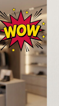 Comic pop art style "WOW" burst graphic with stars overlaying a blurred interior scene, symbolizing excitement and surprise, ideal for retail promotions.