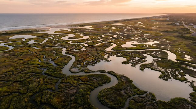 Aerial view of winding tidal marsh waterways and coastline at sunset