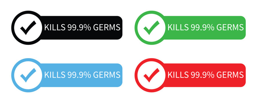Kills 99.9% germs badge set in black, green, blue, and red colors.