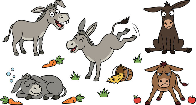 Cute cartoon donkey character vector illustration set with various funny farm animal poses kicking sleeping sitting and farm food design elements