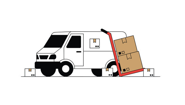 White commercial logistics cargo van parked alongside a hand truck loaded with several cardboard shipping boxes.