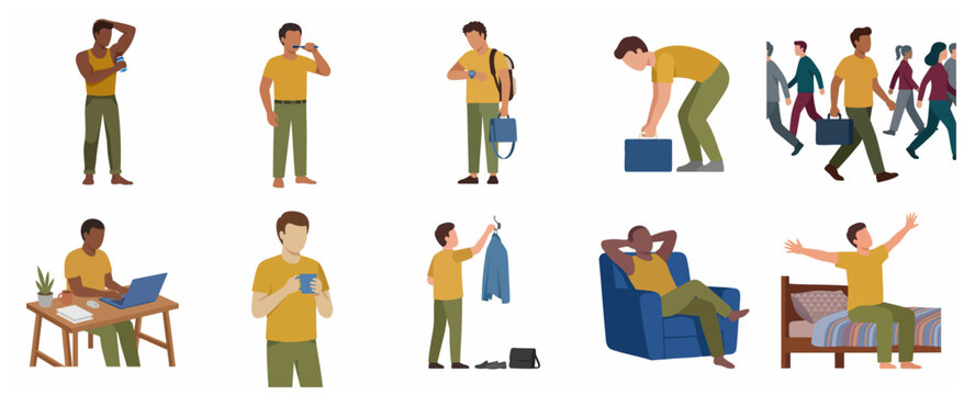 Man daily routine set flat vector illustration. Collection of male character activities from morning till night, including hygiene, work, and relaxation.