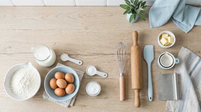Baking ingredients and tools arranged on a wooden countertop for making dough