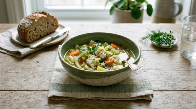 Hearty fish stew with fresh herbs and crusty bread served on a rustic wooden table