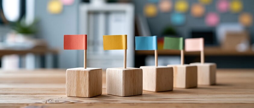 Creative business planning concept a row of wooden cubes topped with colorful paper flags symbolizes milestones, goals, and team strategy in a modern collaborative workspace.