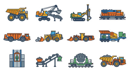 Creative Colorful Illustrated Set of 12 Heavy Construction and Mining Equipment Vehicles with high quality professional line art symbols for modern creative design and digital branding projects © Jibril