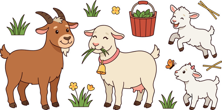 Cute cartoon goat family vector illustration set with billy goat nanny goat eating grass little kids jumping and farm design elements