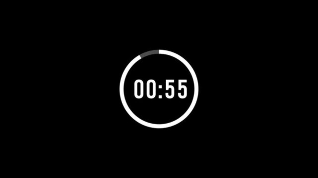 1 Minute countdown animation on black background. 1 minute timer on stopwatch.