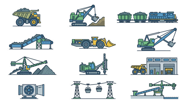 Sleek Colorful Illustrated Collection of Heavy Mining and Construction Equipment for Industrial Projects