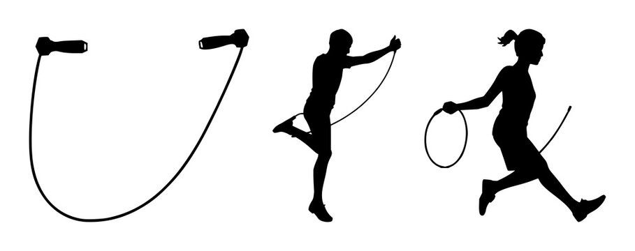 Skipping rope set with black silhouette against white background featuring exercise, fitness, workout with rope, cardio and sports