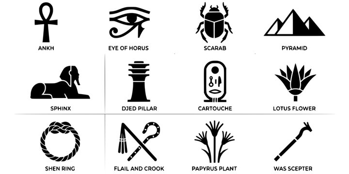 Egyptian Symbols Flat Black White-Scarab Ankh Eye Horus Minimal-Symbol Vector-Symbol Icon Flat-Ancient Egypt Design Set
