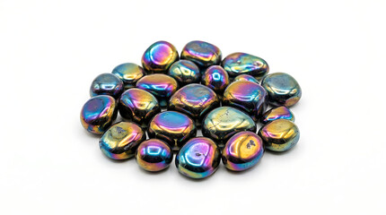Naklejka premium A Collection of Iridescent Rainbow Hematite Stones Isolated on White Background