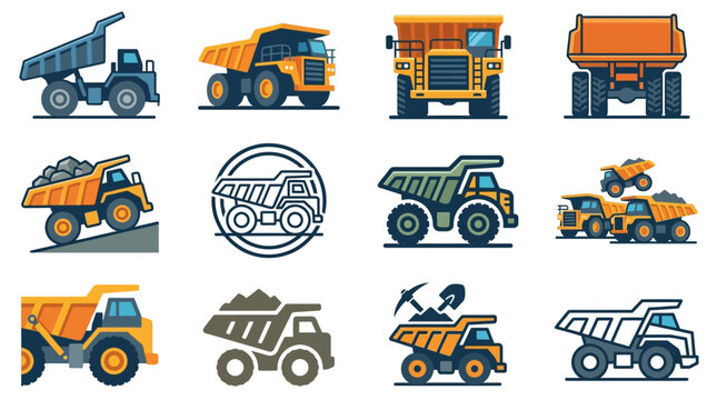 Modern Colorful Set of Heavy Construction Dump Trucks and Mining Equipment Icons with high quality professional line art symbols for modern creative design and digital branding projects