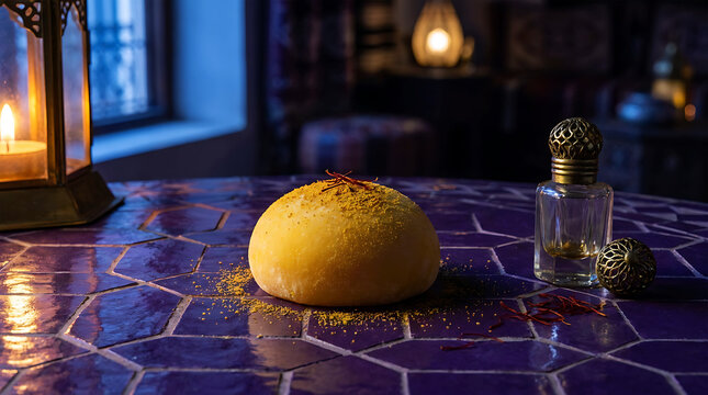 Luxury saffron mochi dessert with Moroccan mosaic tiles and traditional oriental decor
