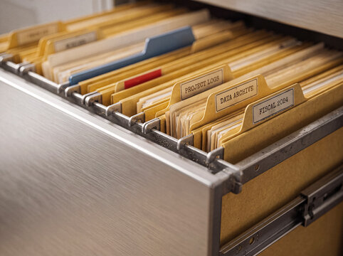 Labeled file folders organized chronologically and by project in a deep filing cabinet drawer.
