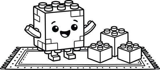 Obraz premium Smiling lego block on a decorative rug with three small blocks nearby