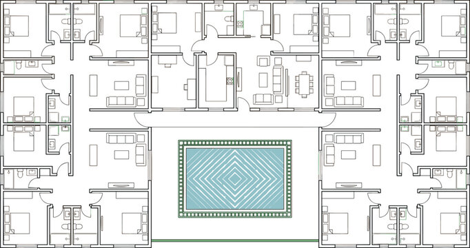Residential building layout plan vector showing detailed apartment rooms furniture setup and central swimming pool courtyard