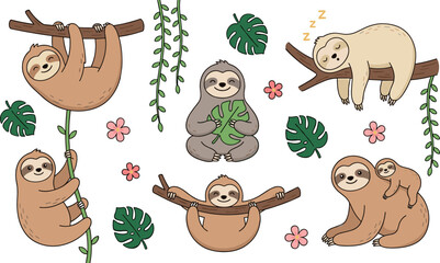 Cute cartoon sloth character vector illustration set with various funny jungle animal poses sleeping hanging climbing and tropical vine leaf elements © MdMehedi
