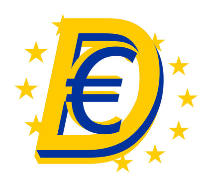D and EUR as digital Euro, EUR letter bold font weight in yellow and blue