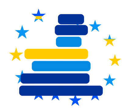 smooth shape of the map of Europe as symbol, isolated, creative dark blue, light-blue and yellow and stars  and stars 