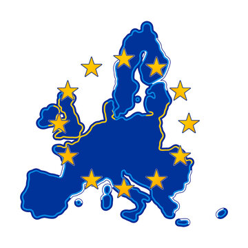 smooth shape of the map of Europe, isolated, creative dark blue, light blue and yellow  and stars 