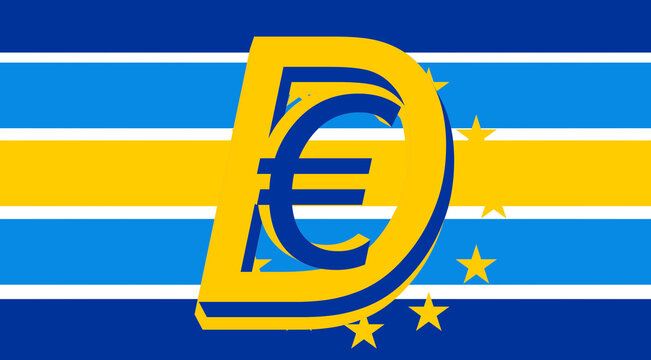 smooth D and &euro; as digital Euro, EUR letter bold font weight in yellow and blue on striped EU colors