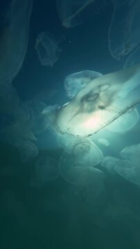 Close-up panorama of many Moon jellyfish floating under water's surface carried by sea current against backdrop of blue sky and evening sunrays, backlit by sun. Lots of Common jelly in vivid sunshine