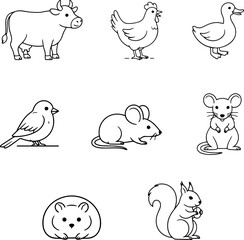 Fototapeta premium Farm and wild animals collection with simple line art style for graphic design and illustration projects